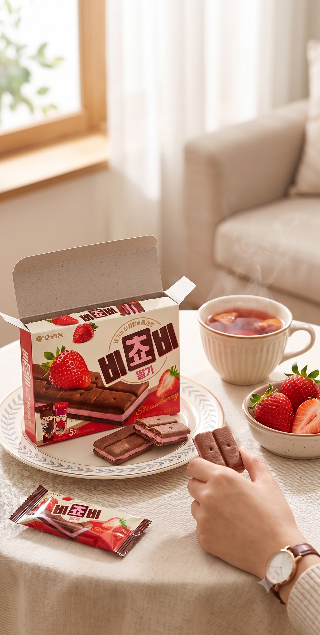 ★Trending HOT★ Korean BICHOBI Biscuit with Whole Milk Strawberry Flavored Chocolate Bar (3 Box / 5 Individually Wrapped Packs per box) - "Free Worldwide Shipping"