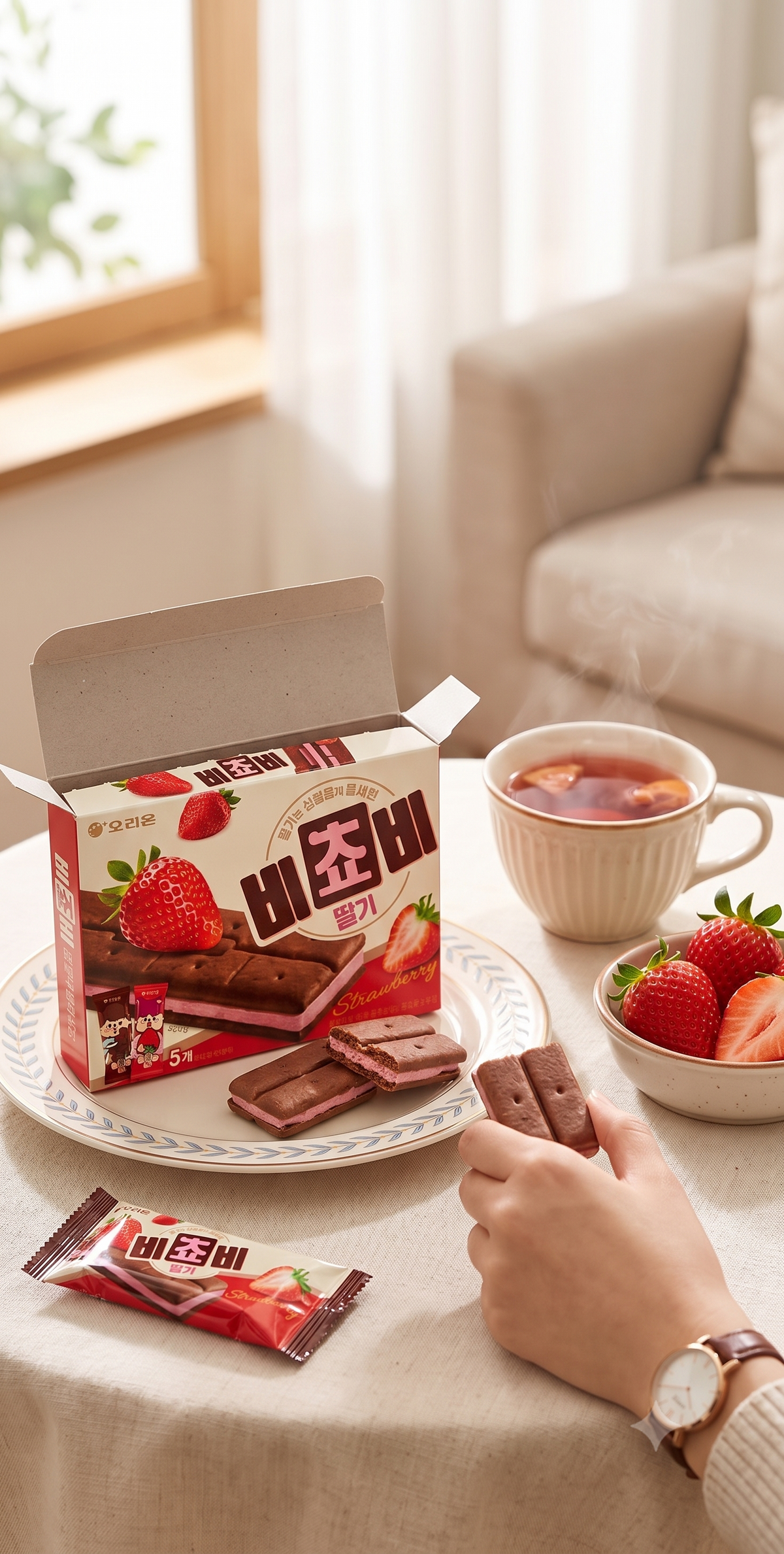 ★Trending HOT★ Korean BICHOBI Biscuit with Whole Milk Strawberry Flavored Chocolate Bar (3 Box / 5 Individually Wrapped Packs per box) - "Free Worldwide Shipping"