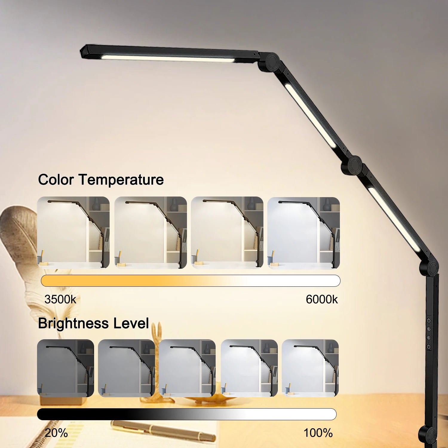 LED Desk Lamp with Clamp Flexible 4 sections Swing Arm Three light sources desk light, 4 Color Modes & 5 Brightness