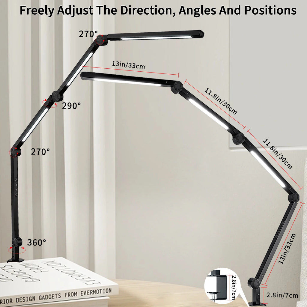 LED Desk Lamp with Clamp Flexible 4 sections Swing Arm Three light sources desk light, 4 Color Modes & 5 Brightness