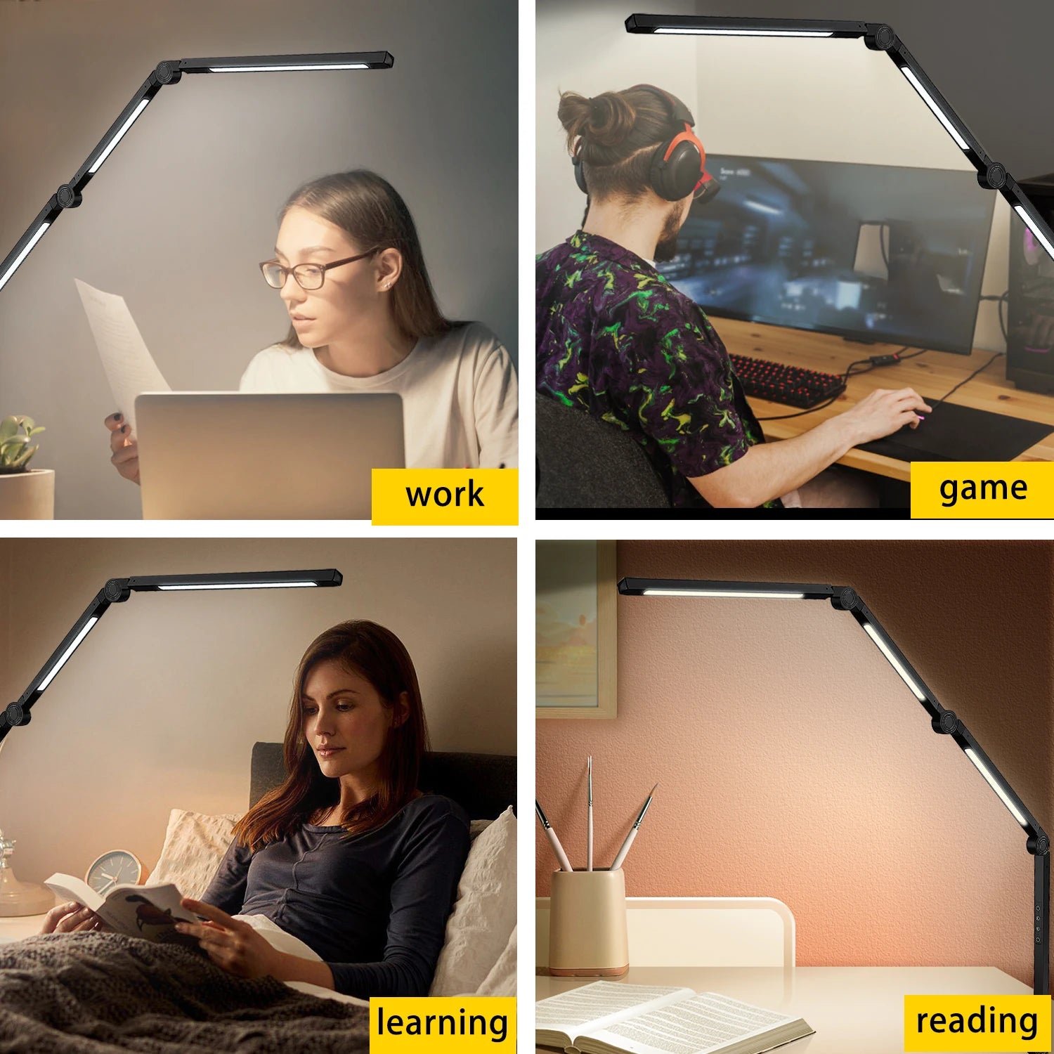LED Desk Lamp with Clamp Flexible 4 sections Swing Arm Three light sources desk light, 4 Color Modes & 5 Brightness